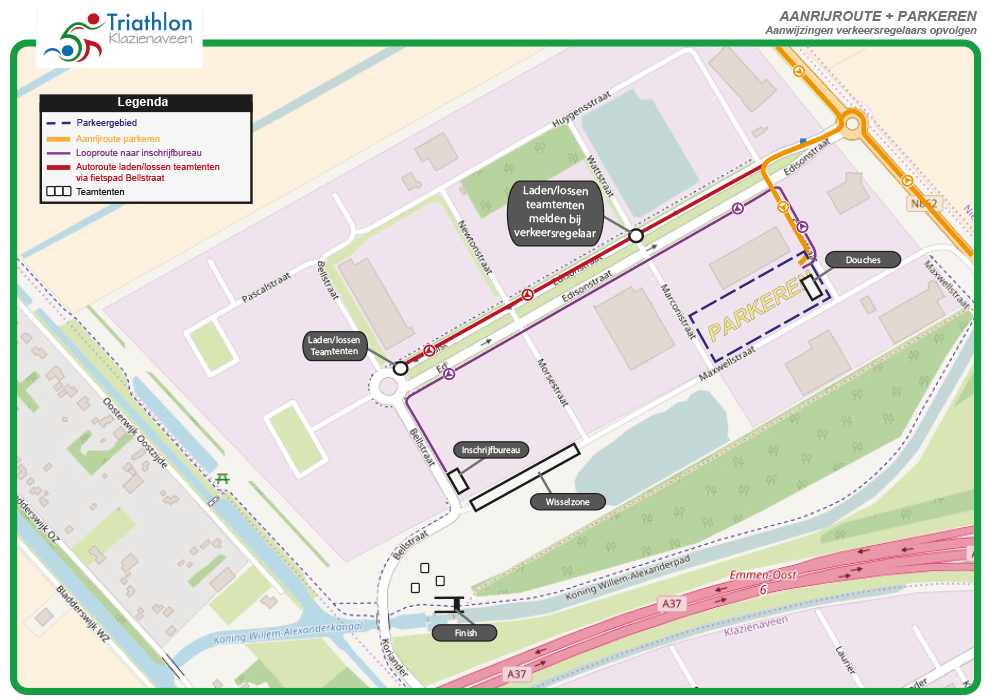 Aanrijroute parkeren triathlon Klazienaveen