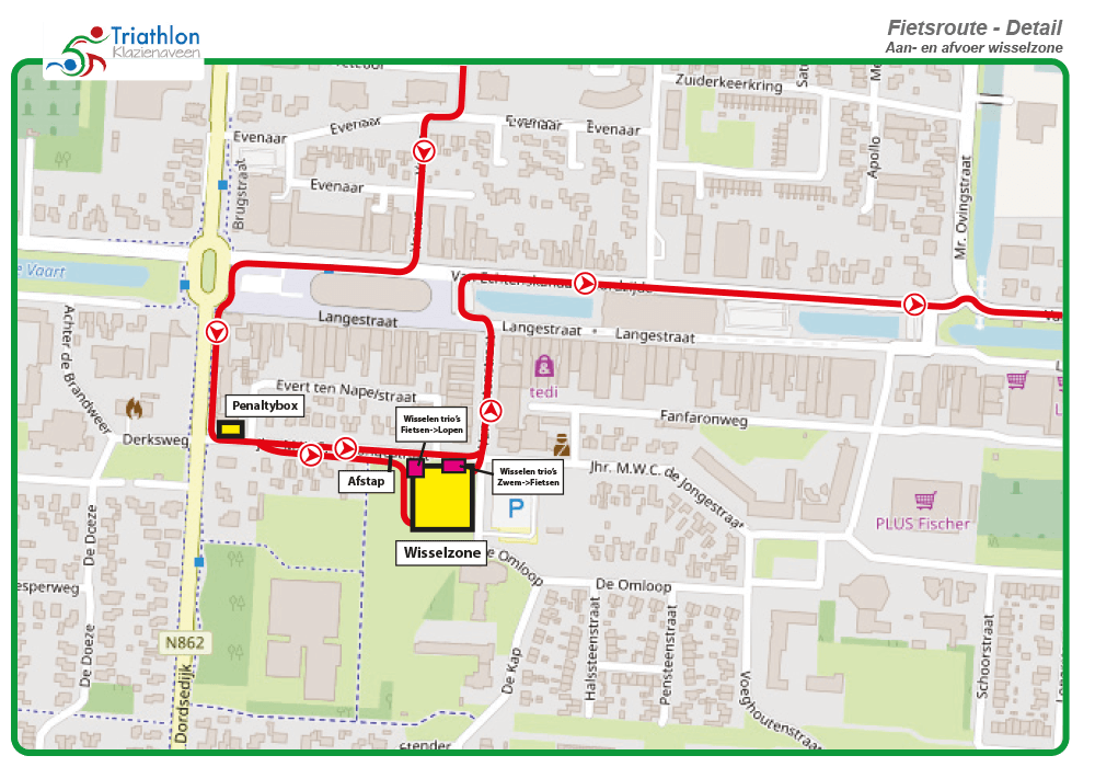 Triathlon Klazienaveen Detail fietsparcours Centrum, Wisselzone en Finish
